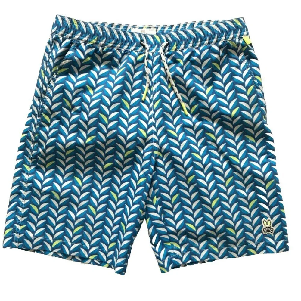 Psycho Bunny Print Shorts Swim Trunks Boys 18 20 Mens S Blue White 7.5